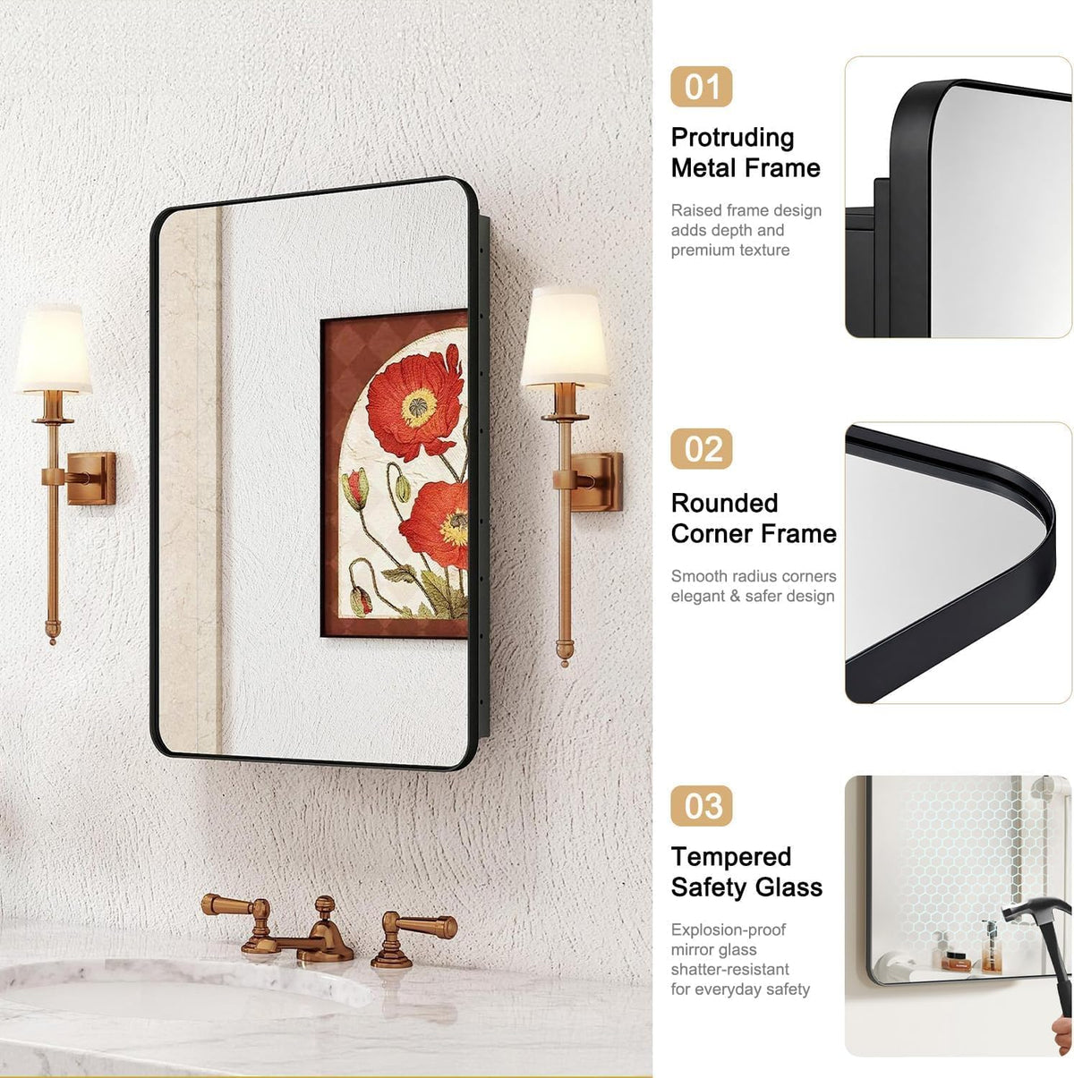16x24 in Medicine Cabinet with Mirror for Bathroom, Matte Black