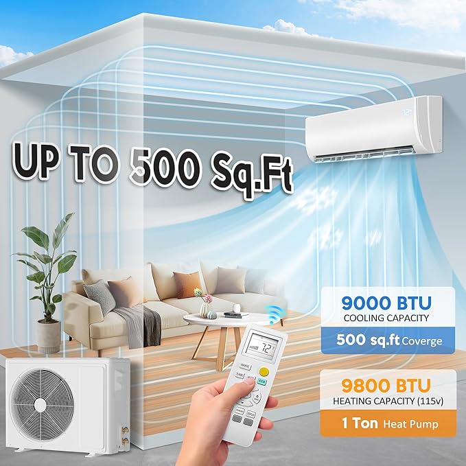 9000 BTU Mini Split Air Conditioner & Heat Pump - 110V/120V Wall Mount Ductless
