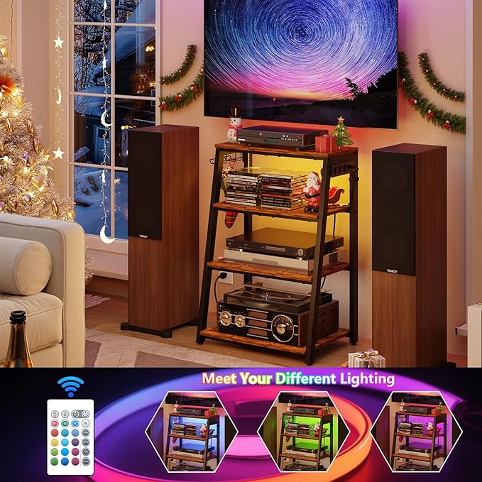 4-Tier AV Media Stand with Power Strips, Heavy Duty Stereo Cabinet Stand with