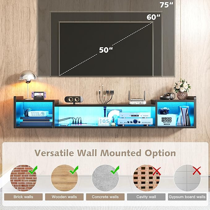 70.9"W Floating TV Stand with LED Lights & Power Outlets