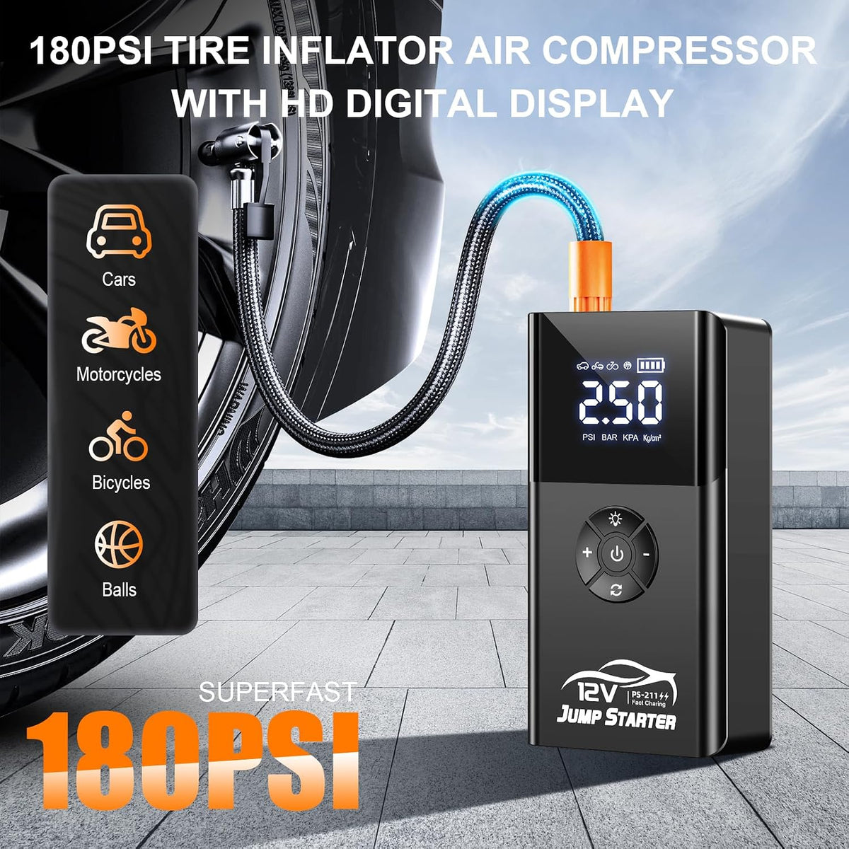 Jump Starter with Air Compressor, 8000A 180PSI, Portable Car Battery Jump Sta...
