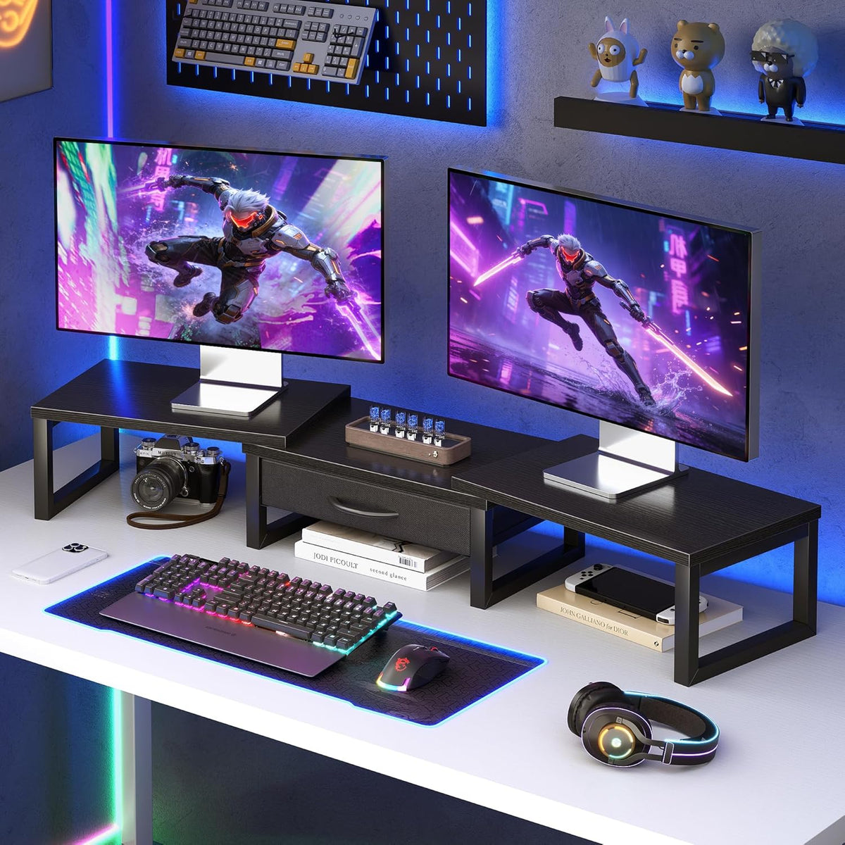 Dual Monitor Stand Riser, Desk Organizers and Accessories with Drawer, Comput...