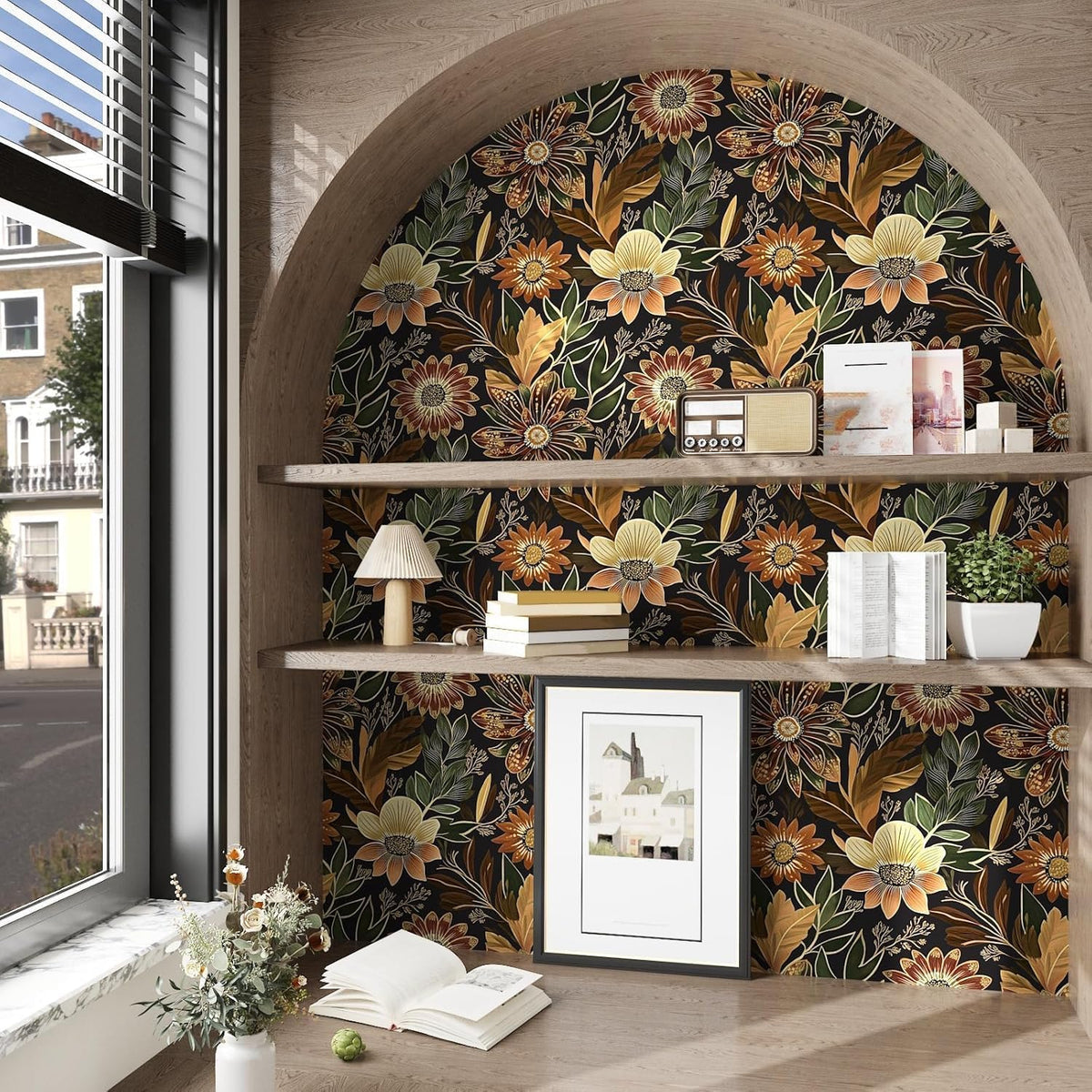 Boho Dark Black Gold Floral Wallpaper Peel and Stick 17.5"x393" | S...