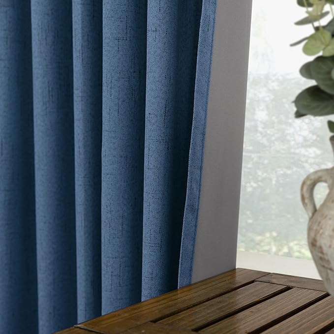 KOUFALL 108 Inch Curtains Blackout 9FT Long Black Out Linen Denim Slate Blue