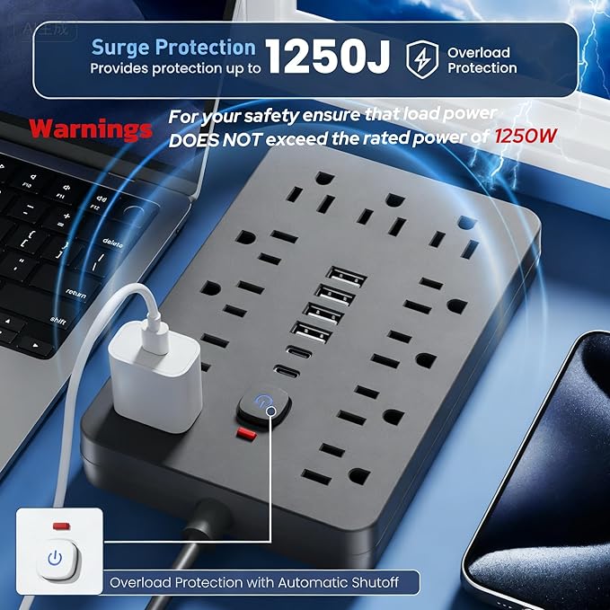 JouleLoom 2PCS 6 FT Flat Plug Surge Protector Power Strip, 11 Multiple AC