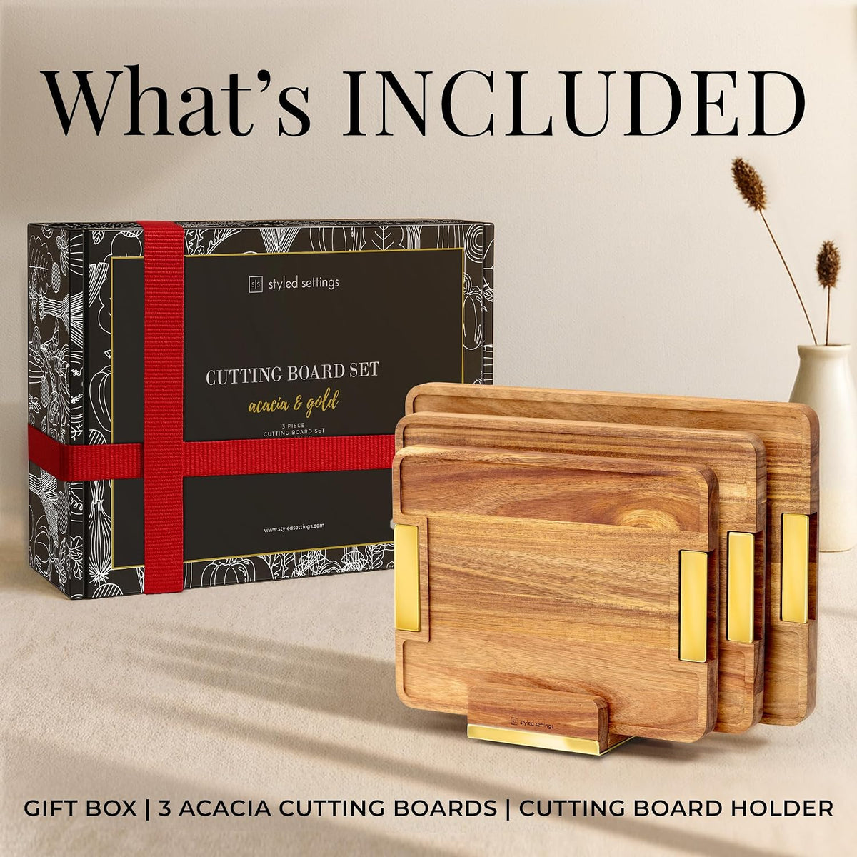 Styled Settings Wooden Cutting Board Set with Holder, 4-Piece, Gold