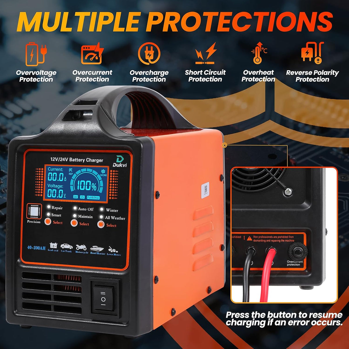 12V 24V Heavy‑Duty Car Battery Charger,15A Trickle Maintainer with Repair