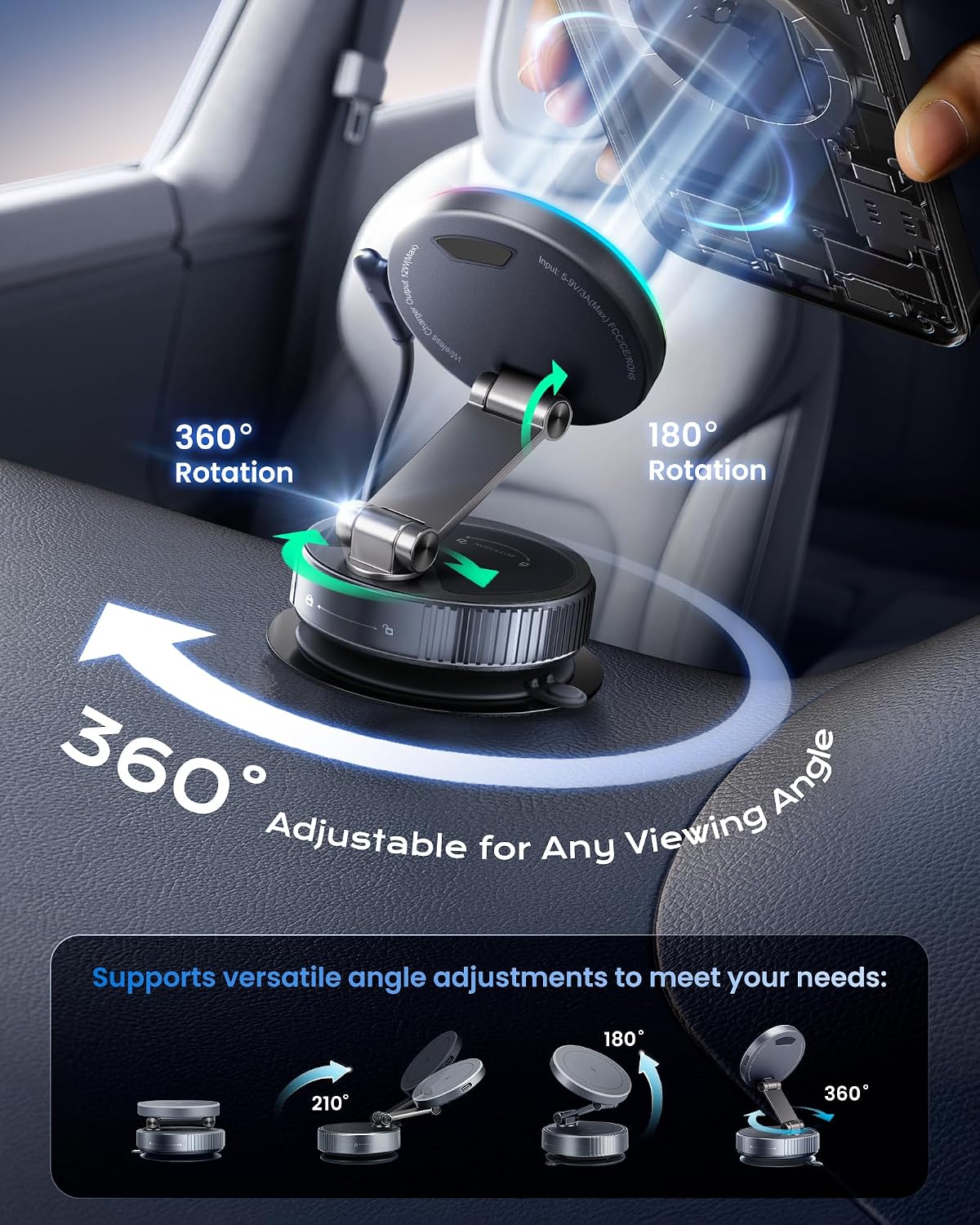 avedio links 15W Vacuum Magnetic Wireless Car Charger Mount with Adapter