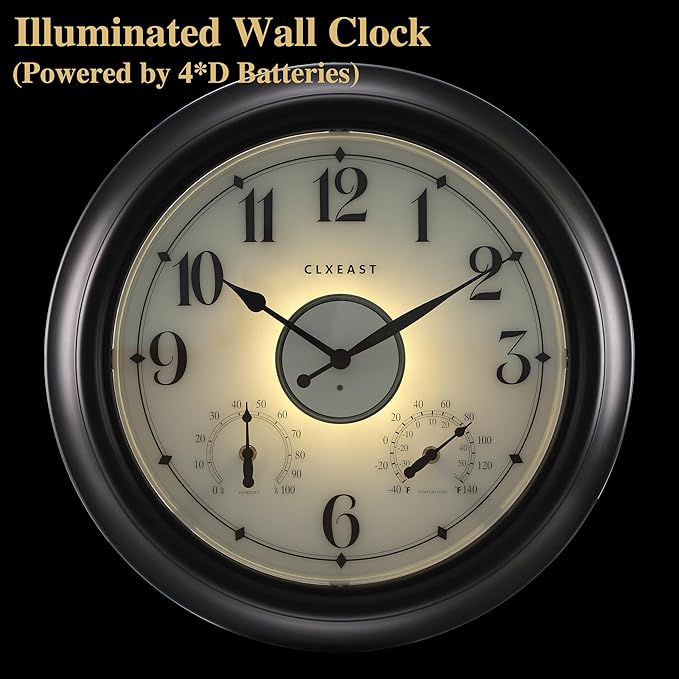 CLXEAST Illuminated Indoor Outdoor Clocks Waterproof 18 inch
