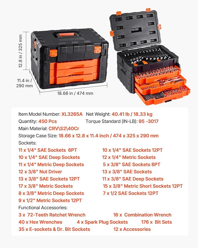 VEVOR Mechanics Tool Set and Socket Set, 3/8 and 1/2 inch Drive Deep and (450...