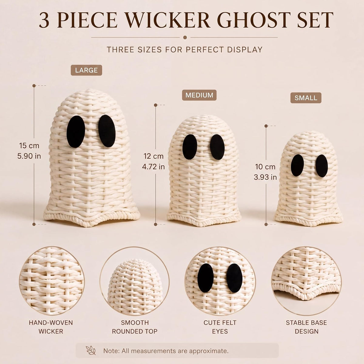 Geelin White 3 Pcs Halloween Rattan Wicker Ghosts Decoration Cute Farmhouse G...
