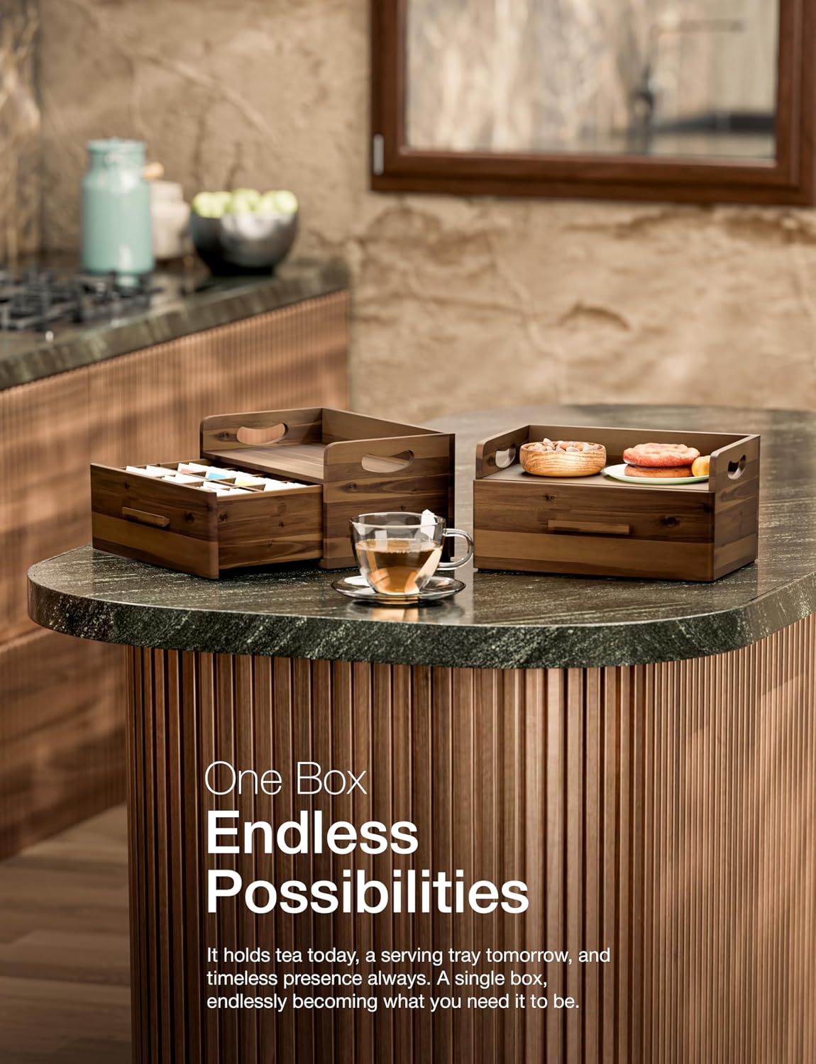 Acacia Wooden Tea Box Organizer with Drawer for Countertop Display