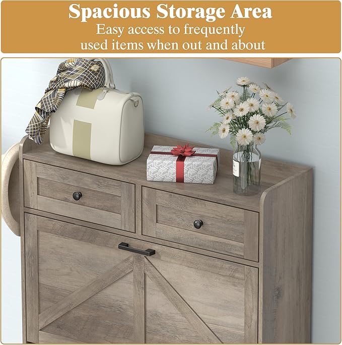 Shoe Cabinet with 3 Flip Drawers & 2 Storage Drawers, Rustic Farmhouse Na...