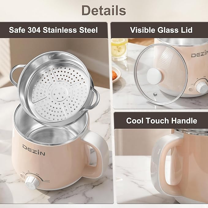 Dezin Hot Pot Electric with Steamer, Rapid Noodles Cooker, Stainless Steel