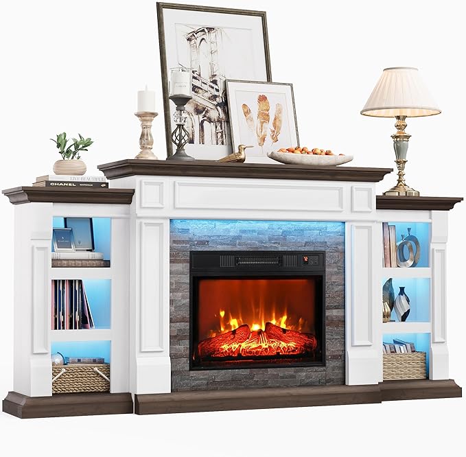 72" Electric Fireplace with Mantel and Cabinets, Fireplace TV Stand