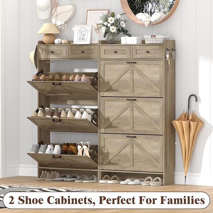 Shoe Cabinet with 3 Flip Drawers & 2 Storage Drawers, Rustic Farmhouse Na...