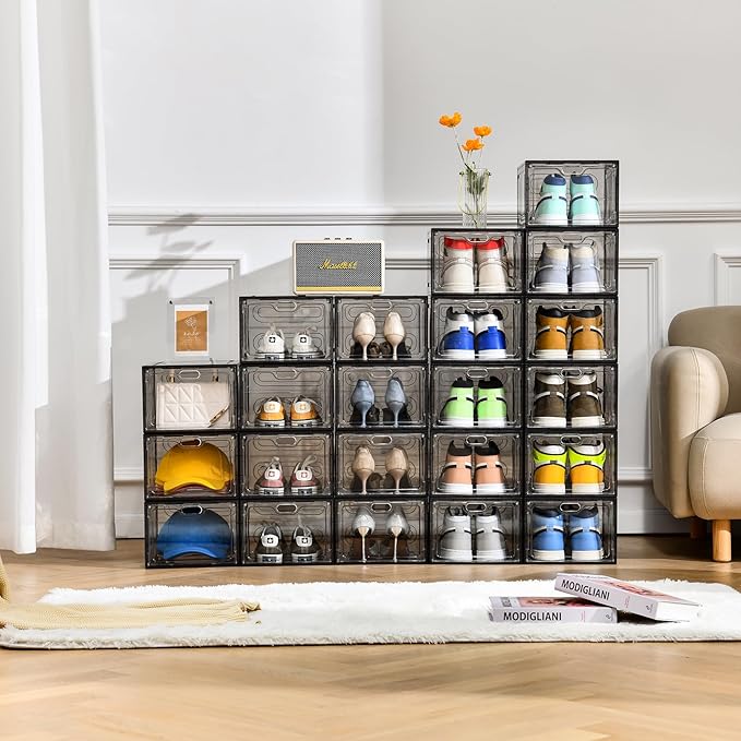 12 Pack Gray Transparent Shoe Storage Organizer, Stackable Shoe Boxes