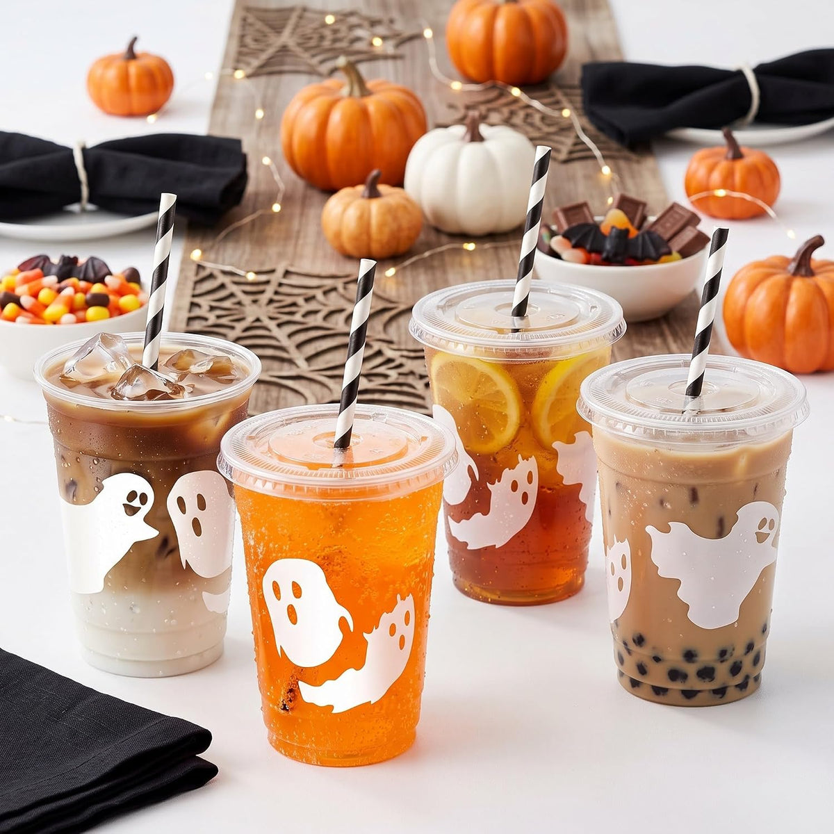 Jingmore 50 Set Halloween Ghost Lattes Plastic Cup 16 oz with Lid and Straw (...