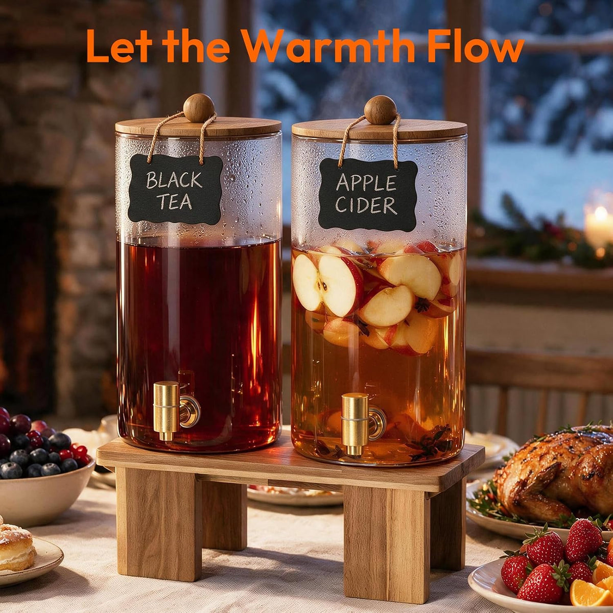 2 Pcs 1.5 Gallon Glass Drink Dispenser with Wood Stand & Pull-Out Cup Stand