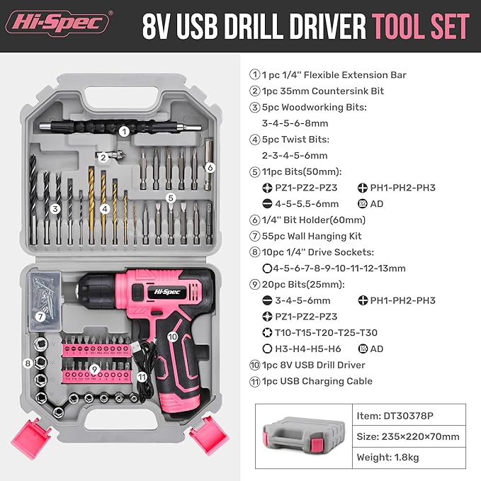 Hi-Spec 110pc Pink 8V USB Electric Power Cordless Womens Drill Driver Set.