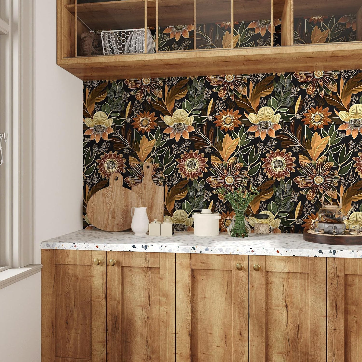 Boho Dark Black Gold Floral Wallpaper Peel and Stick 17.5"x393" | S...