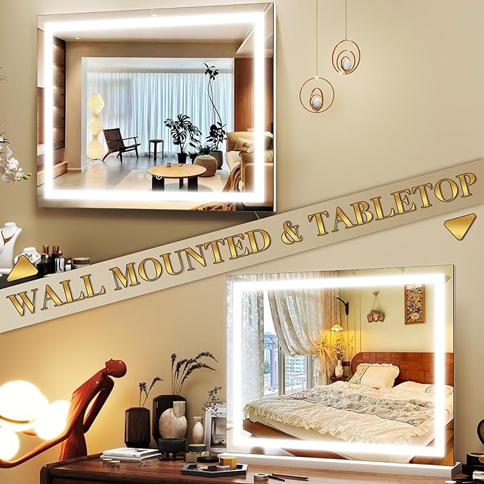 ROLOVE 23x18 Inch Lighted Vanity Mirror, 3-Color Dimmable LED & Touch Con...
