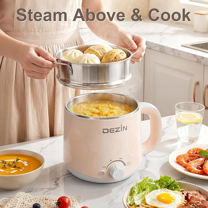 Dezin Hot Pot Electric with Steamer, Rapid Noodles Cooker, Stainless Steel