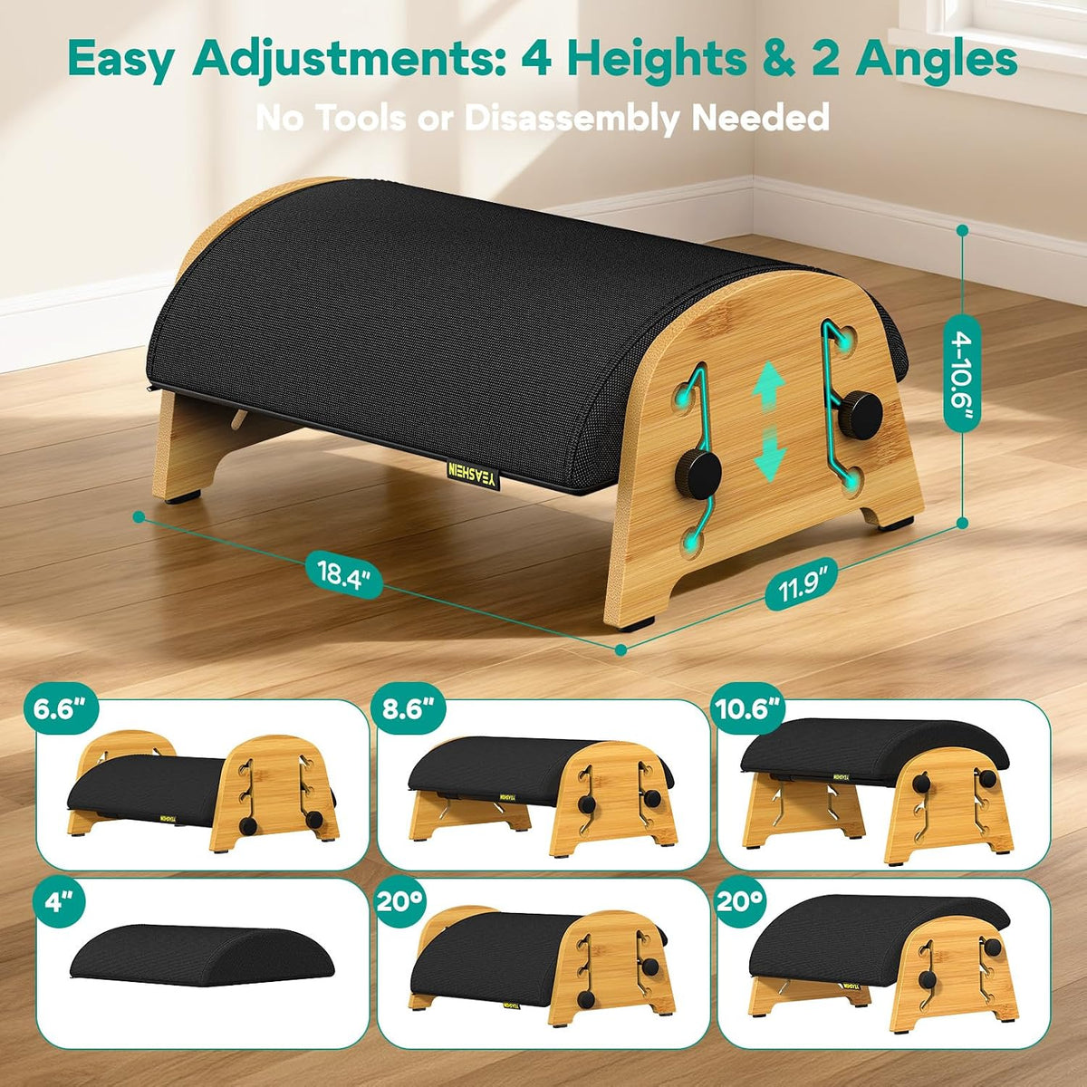 YEASHEIN Ergonomic Foot Rest Under Desk At Work, 6 Positions, Bamboo Wood