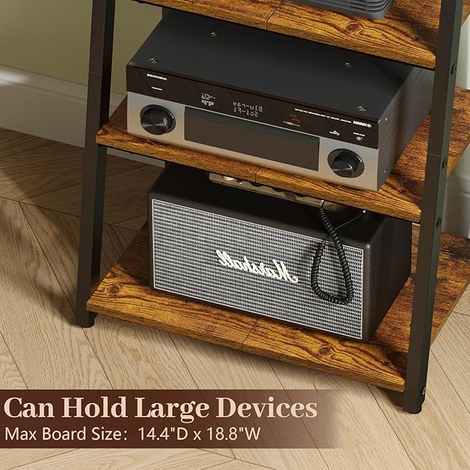 4-Tier AV Media Stand with Power Strips, Heavy Duty Stereo Cabinet Stand with