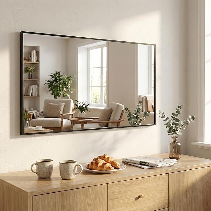 48''x30'' Black Bathroom Mirror, Large Metal Framed Vanity Mi...