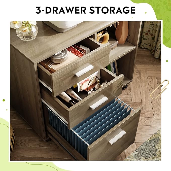 DEVAISE 3 Drawer Mobile File Cabinet, Wood Lateral Filing Cabinet, Printer Stand