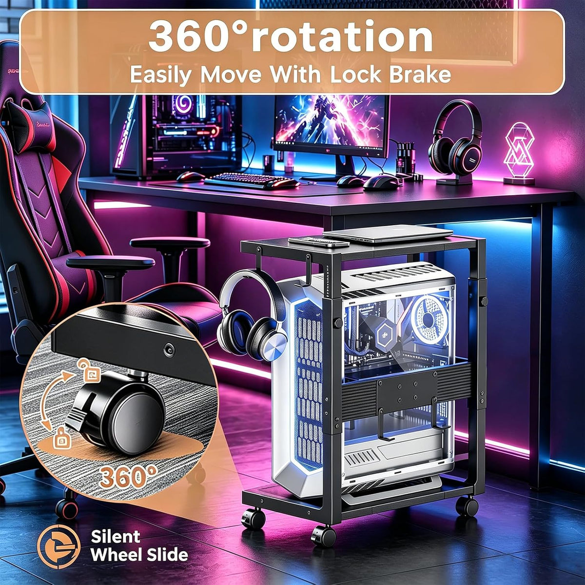 Adjustable Computer Tower Stand - 23.03"-28.3"H PC Holder Cart