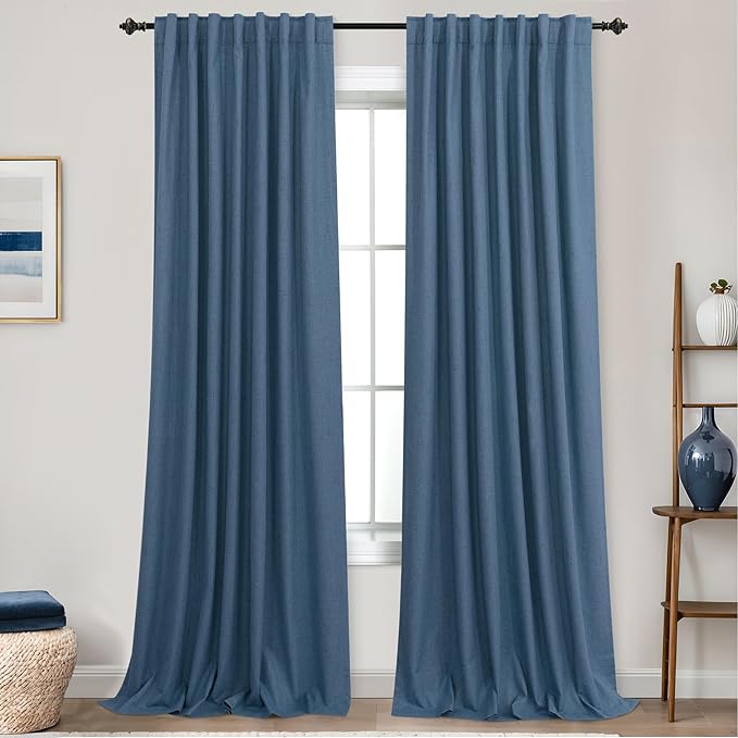 KOUFALL 108 Inch Curtains Blackout 9FT Long Black Out Linen Denim Slate Blue