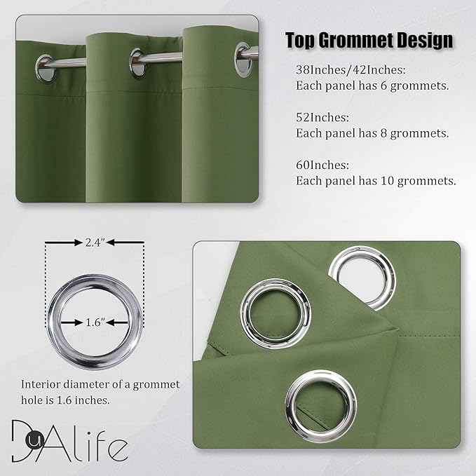 DUALIFE Grommet Curtains Sage Green 72 Inch Length 2 Panels Set Light Blocking