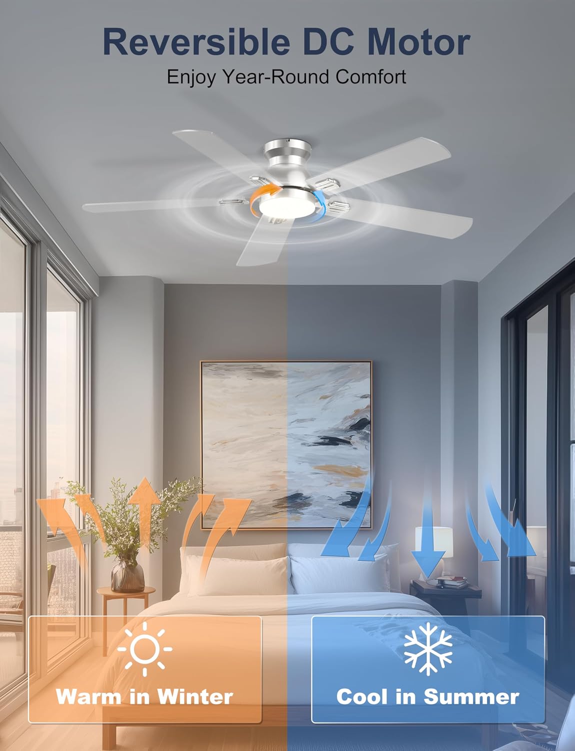 52'' Silver Flush Mount Ceiling Fan with Lights for Bedroom