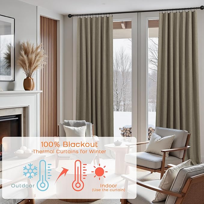 KOUFALL Dark Taupe Brown Curtains 108 Inches Long Blackout Linen Back Tab
