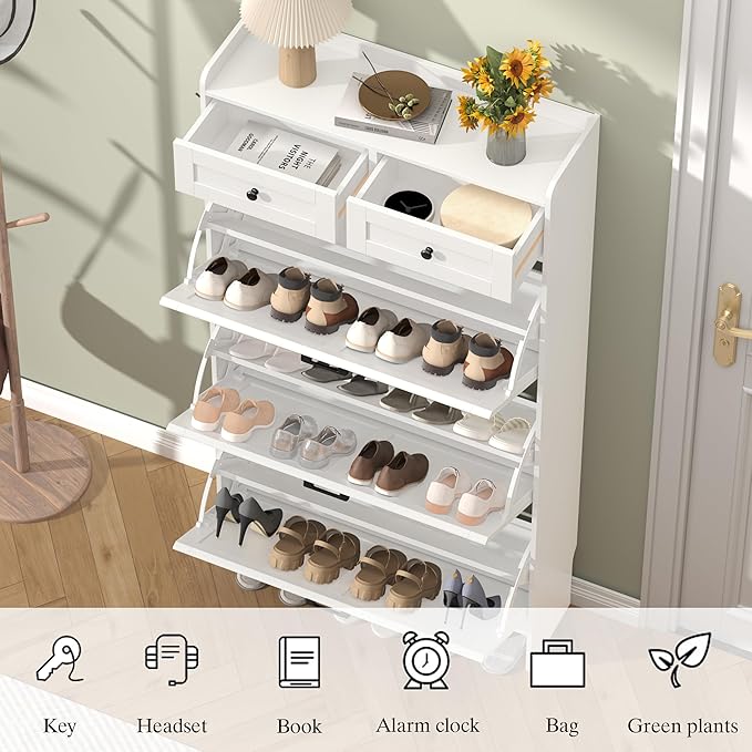 Shoe Cabinet with 3 Flip Drawers & 2 Storage Drawers, Rustic Farmhouse Na...