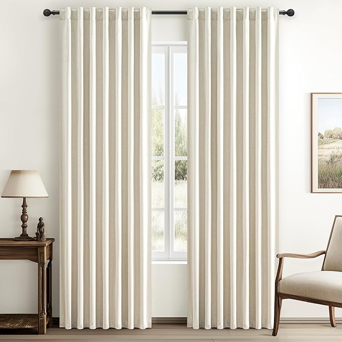 Warm Cream Thick Linen Black Out Curtains 86 Inch Long