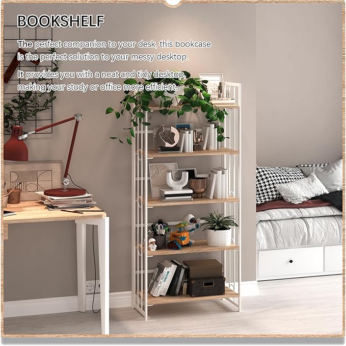 4NM No Assembly 5 Tiers Folding Bookshelf, 59.4" H Foldable Storage Shelves