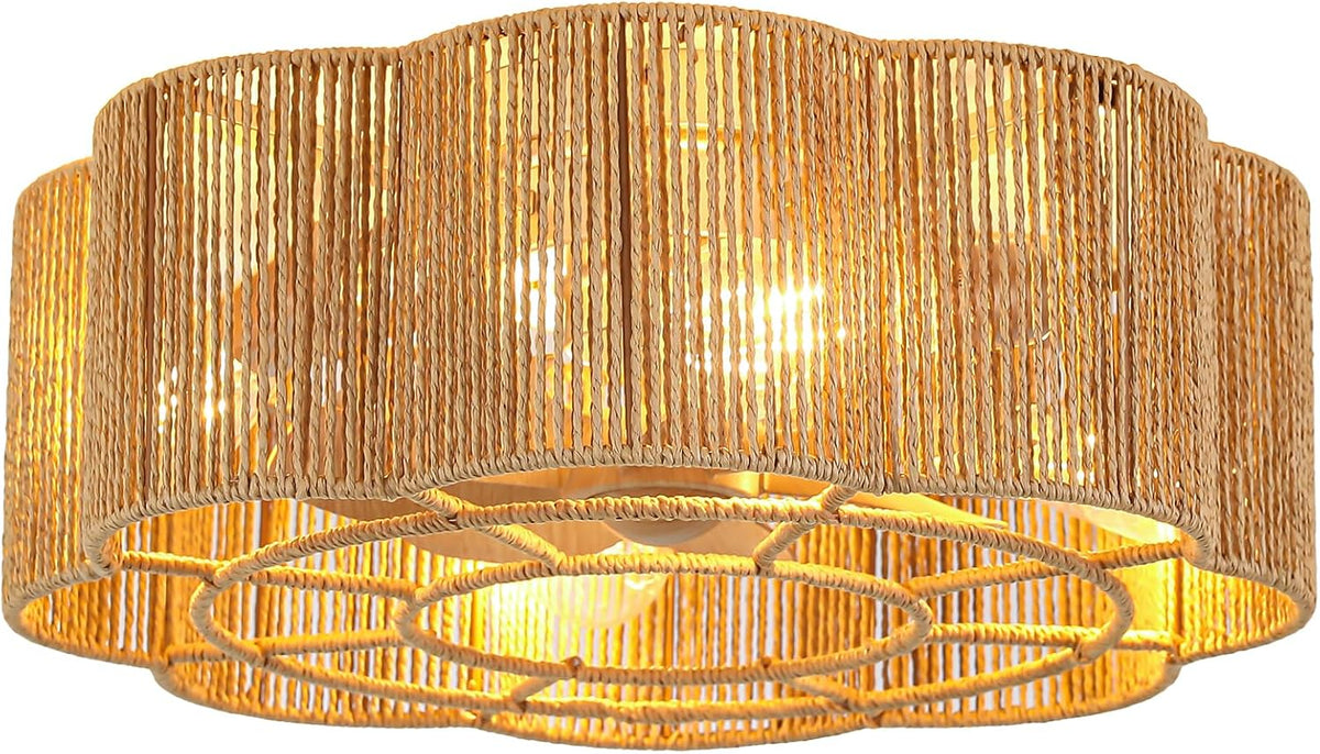 20" Rattan Fandelier Boho Caged Ceiling Fan with Lights Low Profile