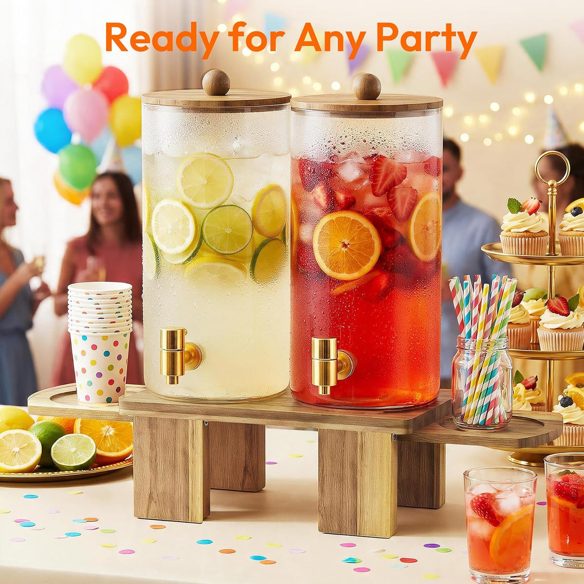 2 Pcs 1.5 Gallon Glass Drink Dispenser with Wood Stand & Pull-Out Cup Stand
