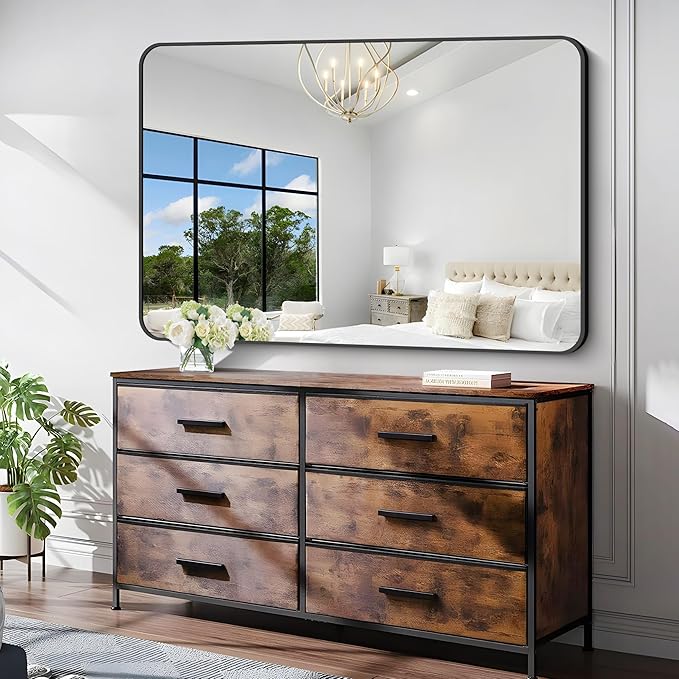 Bathroom Mirror, 55 x 36 inch Black Rectangle Wall Mirror, Metal Frame Rounded
