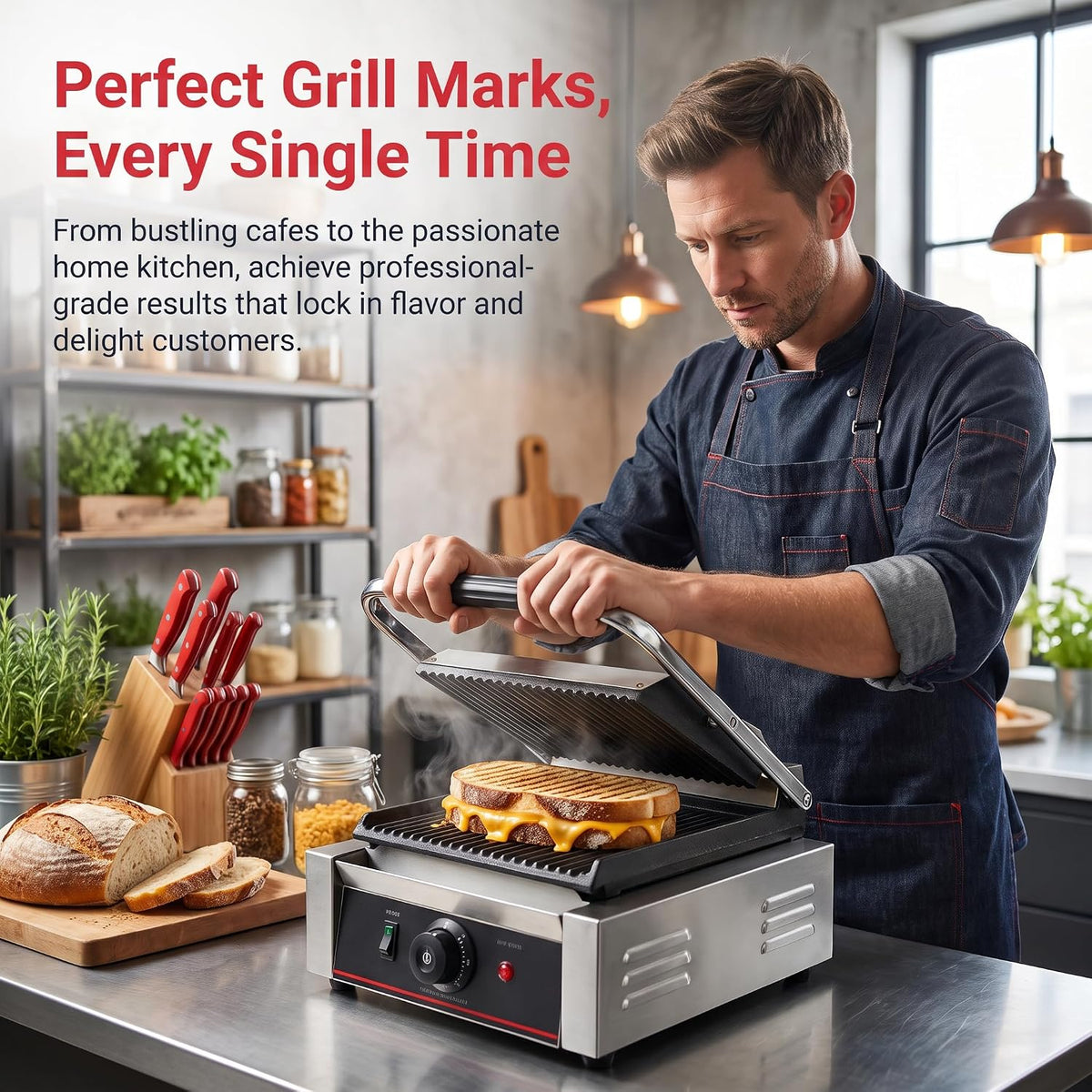 Commercial Panini Press With Grooved Grill Sandwich Maker Machine Electric