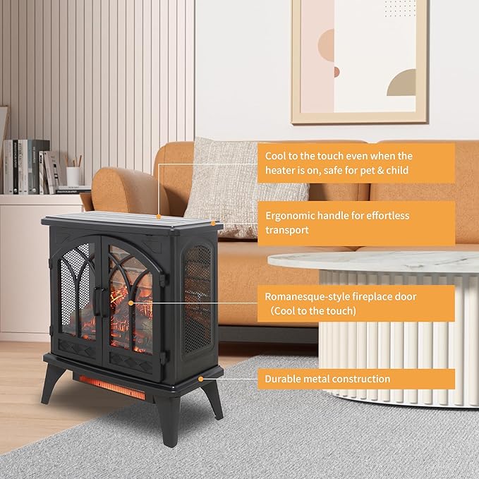 24" Electric Fireplace, Fireplace Heater w/Realistic Flame, Freestanding