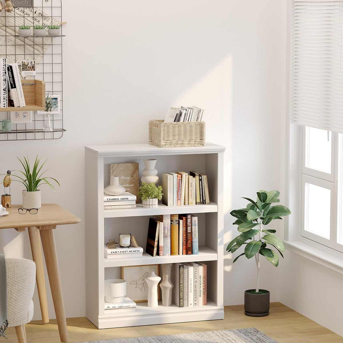 blini 3-Shelf Bookcase White Wooden Bookshelves 33in Wide Floor Standing Disp...