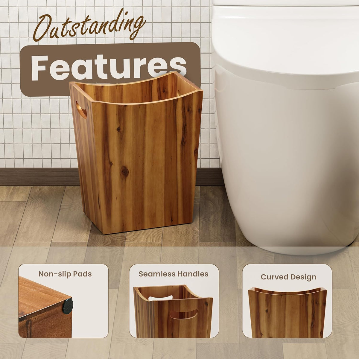 Tidita 2 Gallon Acacia Wooden Wastebasket, Non-Slip Trash Can, Open Top