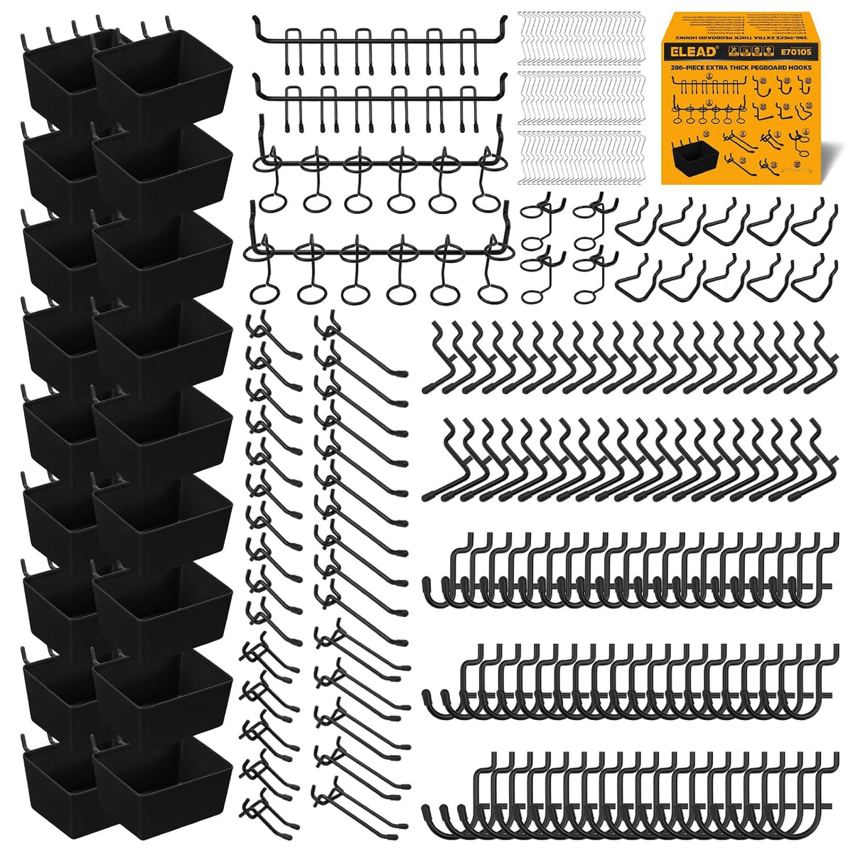 ELEAD 286-Piece Extra Thick Pegboard Hooks Set, 1/4" Heavy Duty Black Pe...