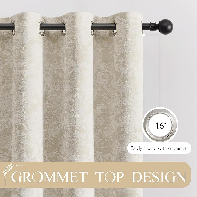 Beauoop Beige Floral Jacquard Blackout Curtains 96 Inches Long 2 Panels