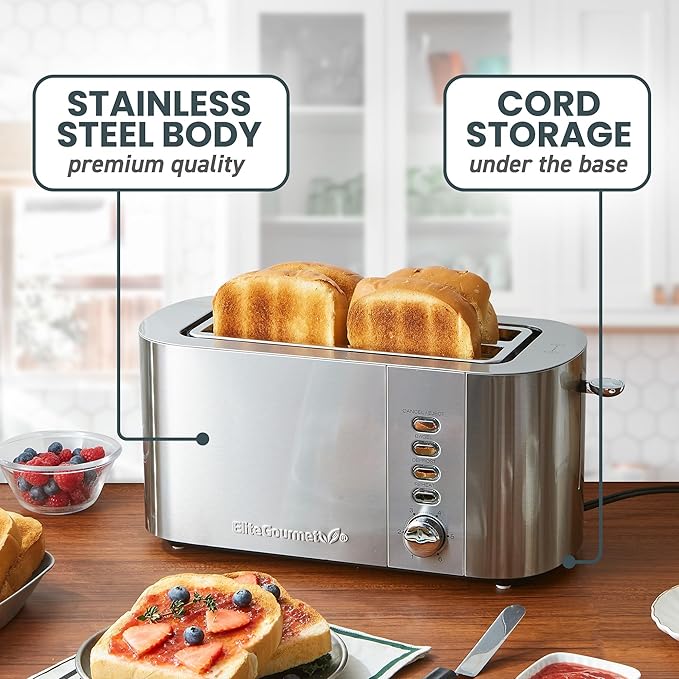 Elite Gourmet ECT4123 Long Slot 4 Slice Toaster, Extra Wide 1.5" and 5.1...