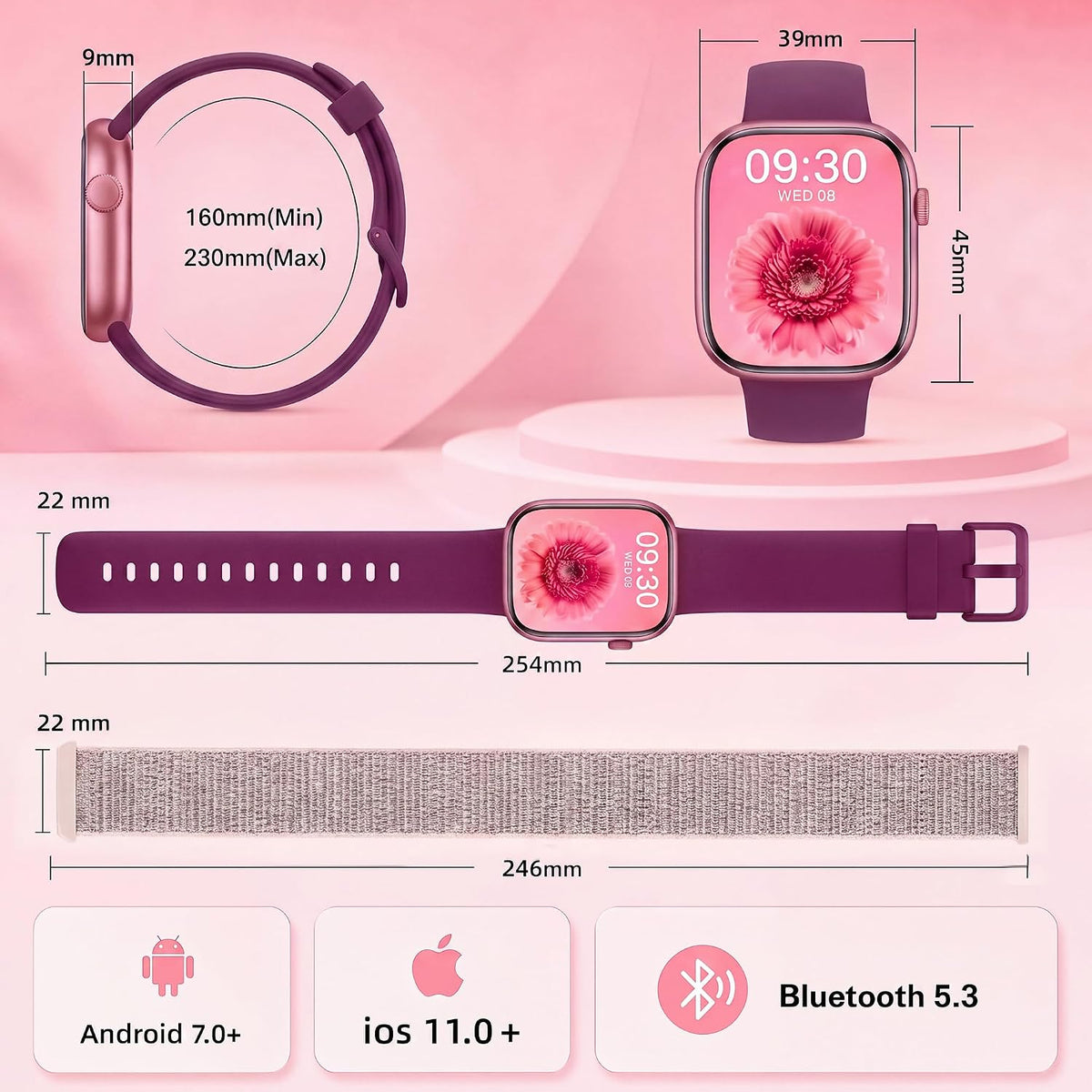 Smart Watch for Women, Bluetooth Answer/Make Calls, 1.83"HD Screen, 2 Bands